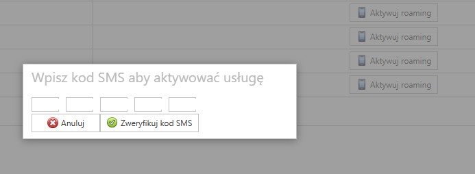 Wpisanie SMS w celu aktywacji roamingu